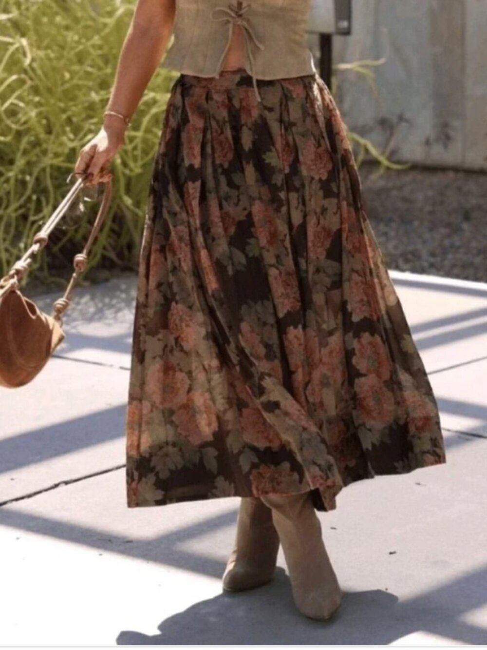 Promesa Annissa High Waisted Brown Floral Lined Midi Maxi Skirt S